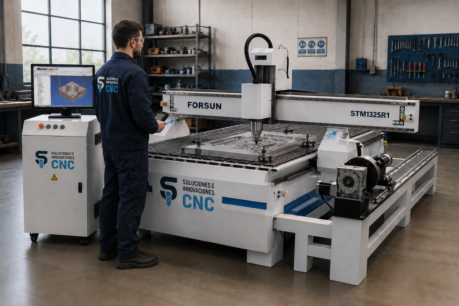 cnc 3 Router CNC Forsun con operador mecanizando pieza industrial en taller de Soluciones CNC